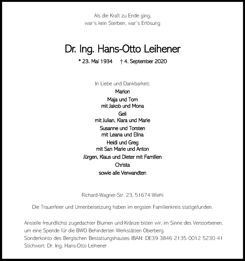  Traueranzeige für Hans-Otto Leihener vom 19.09.2020 aus Kölner Stadt-Anzeiger / Kölnische Rundschau / Express