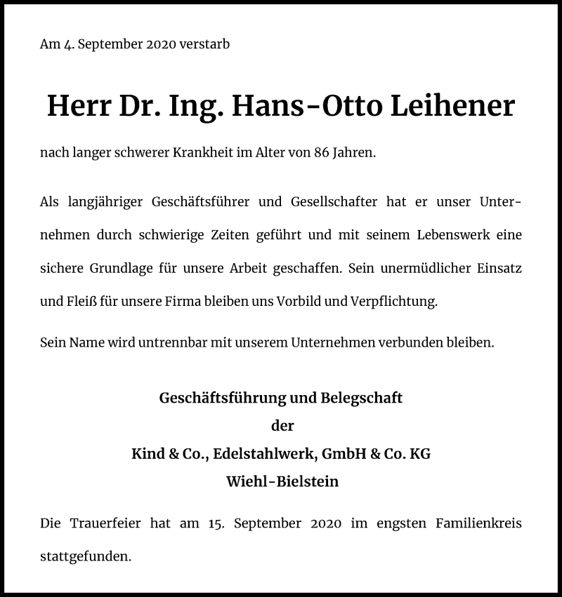  Traueranzeige für Hans-Otto Leihener vom 19.09.2020 aus Kölner Stadt-Anzeiger / Kölnische Rundschau / Express