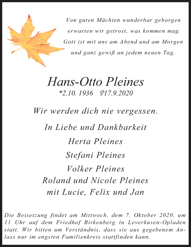  Traueranzeige für Hans-Otto Pleines vom 26.09.2020 aus Kölner Stadt-Anzeiger / Kölnische Rundschau / Express