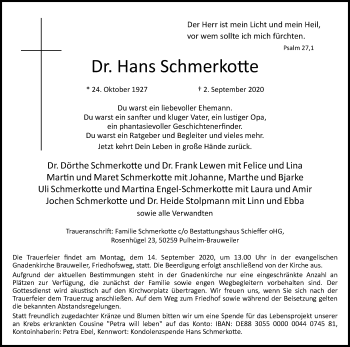 Anzeige von Hans Schmerkotte von Kölner Stadt-Anzeiger / Kölnische Rundschau / Express