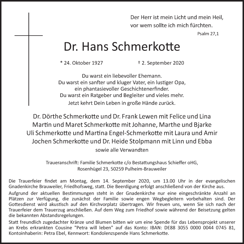  Traueranzeige für Hans Schmerkotte vom 11.09.2020 aus  Wochenende 