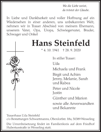 Anzeige von Hans Steinfeld von  Schlossbote/Werbekurier 