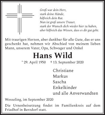 Anzeige von Hans Wild von  Schlossbote/Werbekurier 