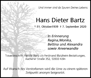 Anzeige von Hans Dieter Bartz von Kölner Stadt-Anzeiger / Kölnische Rundschau / Express