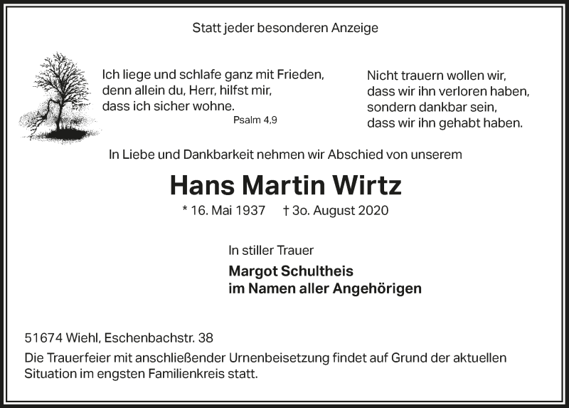  Traueranzeige für Hans Martin Wirtz vom 04.09.2020 aus  Anzeigen Echo 