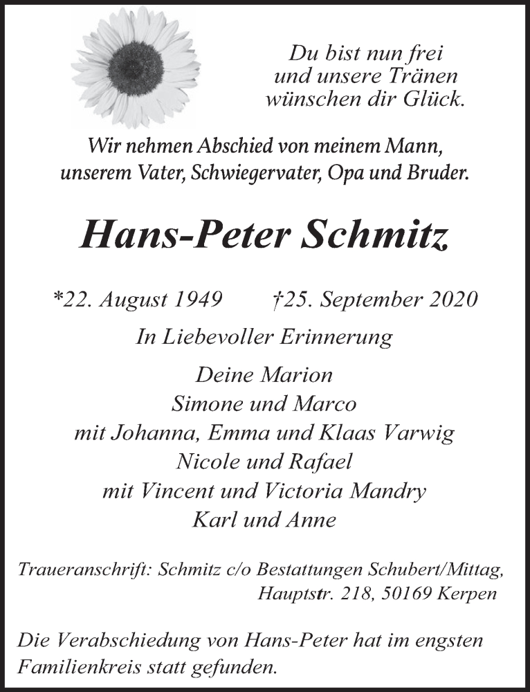  Traueranzeige für Hans Peter Schmitz vom 01.10.2020 aus  Werbepost 