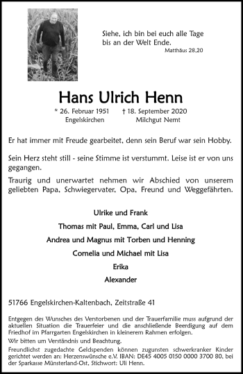 Anzeige von Hans Ulrich Henn von  Anzeigen Echo 
