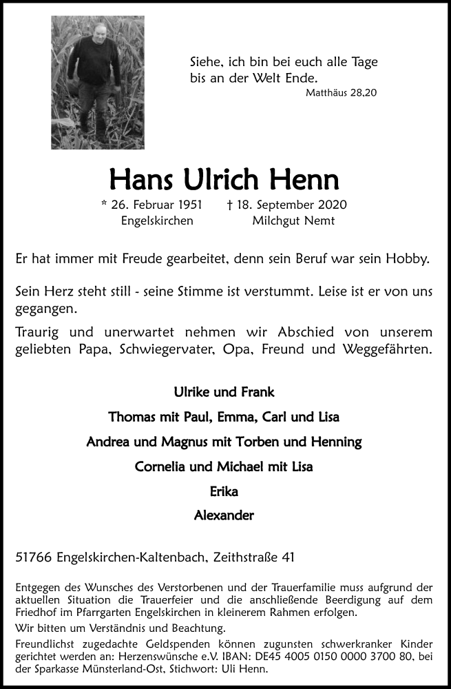  Traueranzeige für Hans Ulrich Henn vom 26.09.2020 aus Kölner Stadt-Anzeiger / Kölnische Rundschau / Express