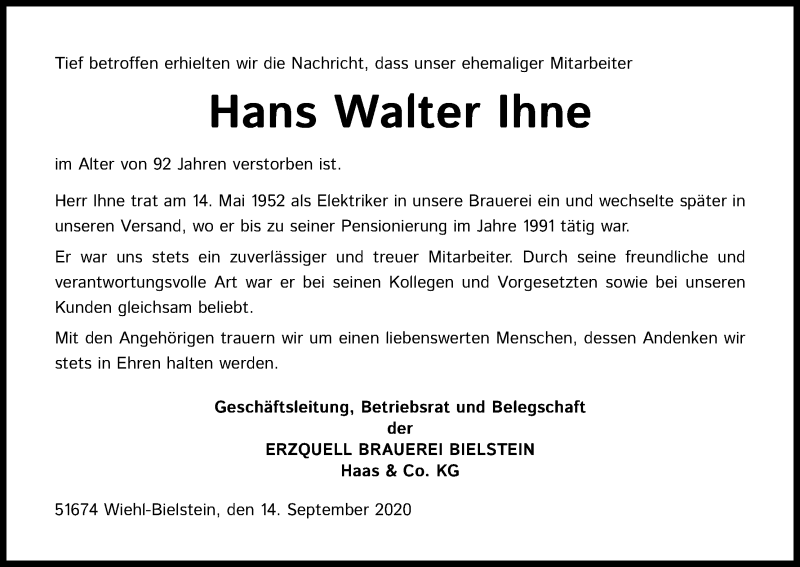  Traueranzeige für Hans Walter Ihne vom 16.09.2020 aus Kölner Stadt-Anzeiger / Kölnische Rundschau / Express
