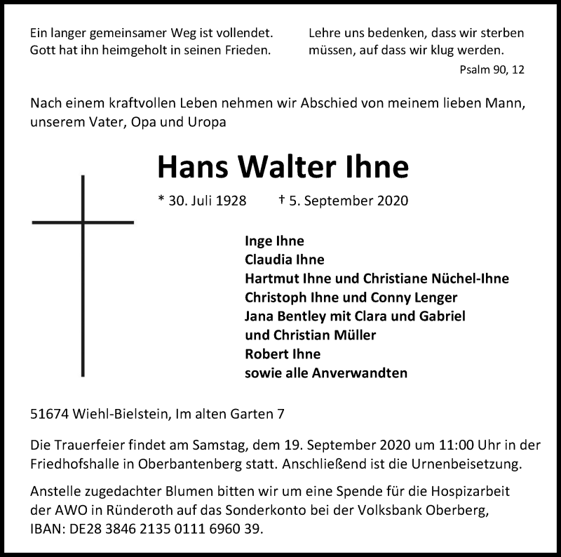  Traueranzeige für Hans Walter Ihne vom 12.09.2020 aus Kölner Stadt-Anzeiger / Kölnische Rundschau / Express