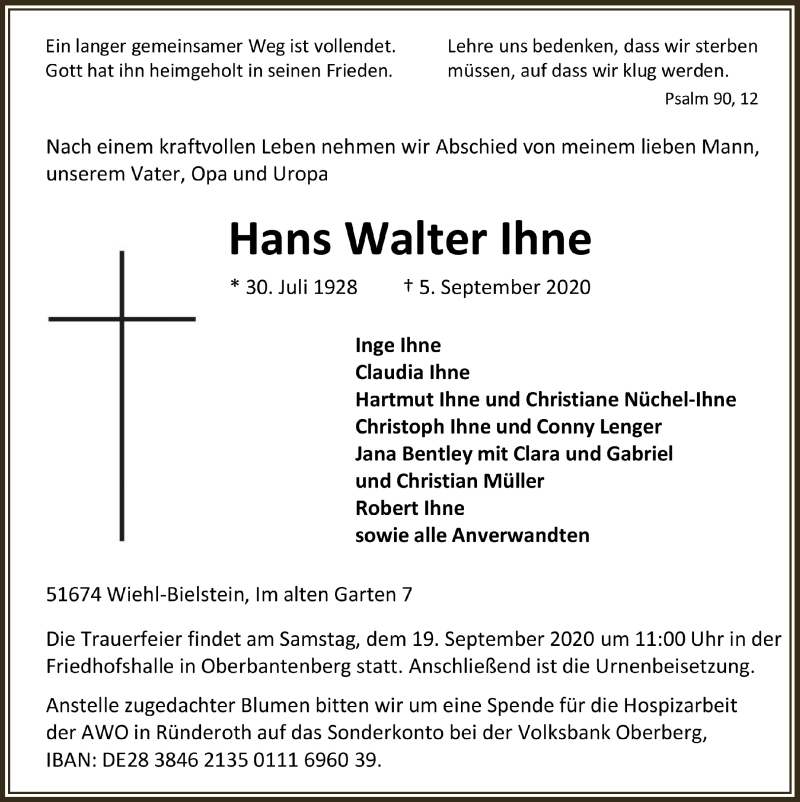  Traueranzeige für Hans Walter Ihne vom 11.09.2020 aus  Anzeigen Echo 