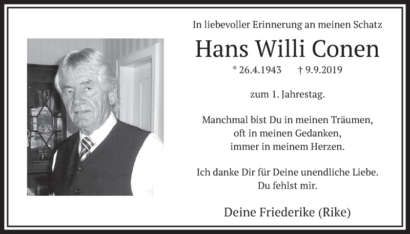  Traueranzeige für Hans Willi Conen vom 04.09.2020 aus  Schlossbote/Werbekurier 