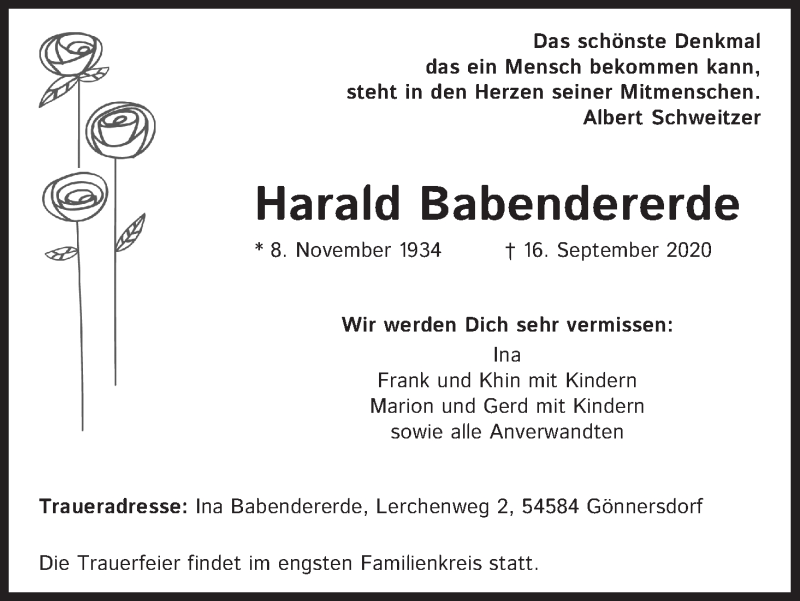  Traueranzeige für Harald Babendererde vom 21.09.2020 aus Kölner Stadt-Anzeiger / Kölnische Rundschau / Express