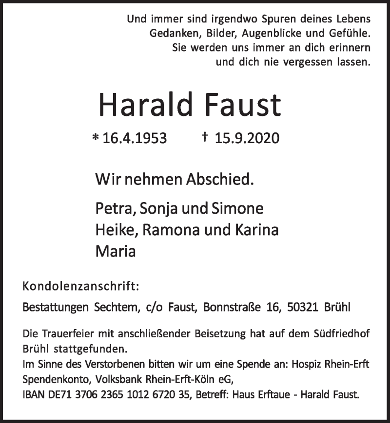  Traueranzeige für Harald Faust vom 25.09.2020 aus  Schlossbote/Werbekurier 