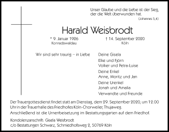 Anzeige von Harald Weisbrodt von Kölner Stadt-Anzeiger / Kölnische Rundschau / Express