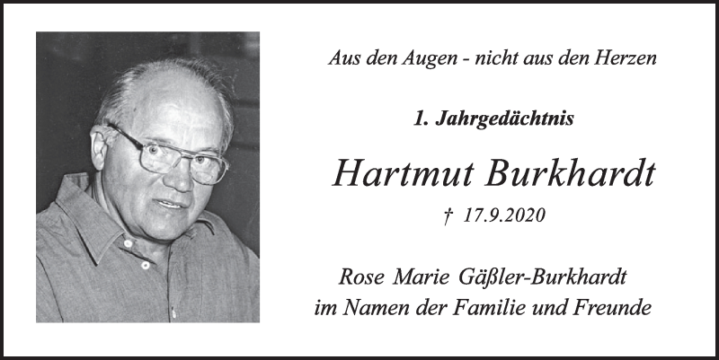  Traueranzeige für Hartmut Burkhardt vom 11.09.2020 aus  Schlossbote/Werbekurier 
