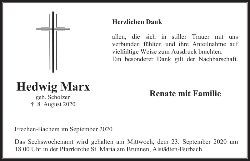  Traueranzeige für Hedwig Marx vom 18.09.2020 aus  Wochenende 