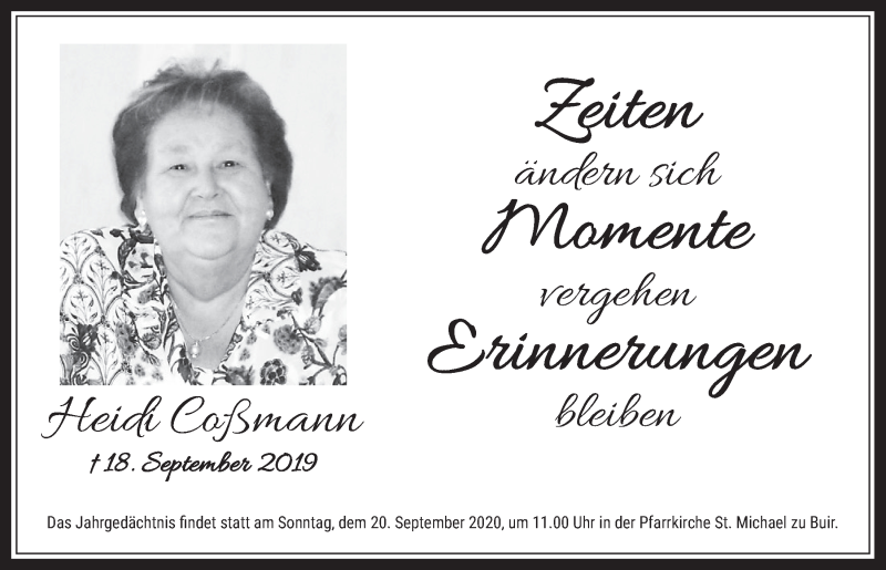  Traueranzeige für Heidi Coßmann vom 11.09.2020 aus  Werbepost 