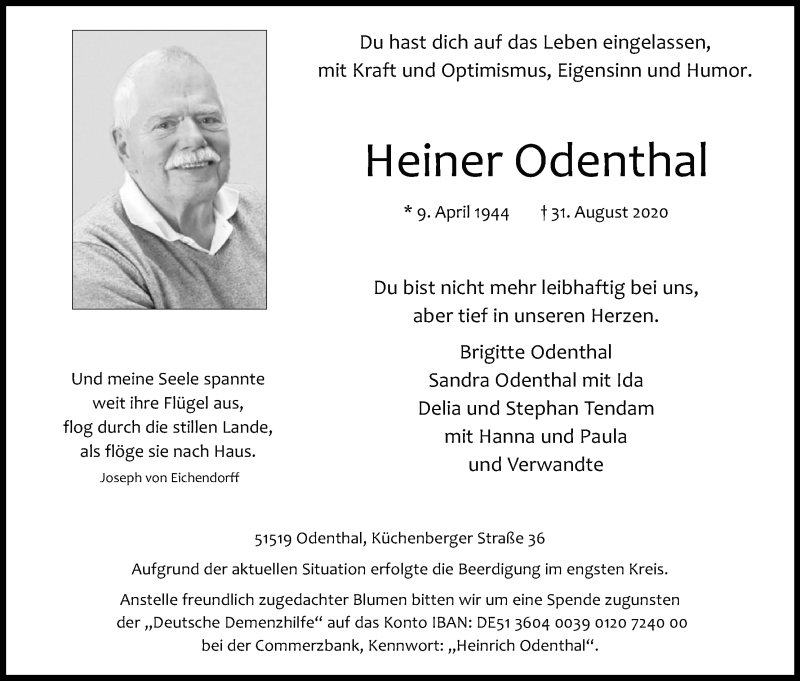  Traueranzeige für Heiner Odenthal vom 12.09.2020 aus Kölner Stadt-Anzeiger / Kölnische Rundschau / Express