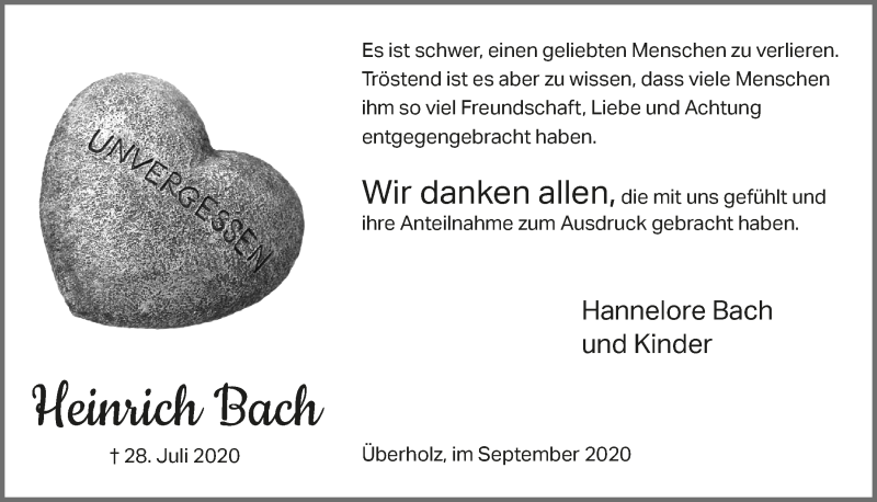  Traueranzeige für Heinrich Bach vom 25.09.2020 aus  Lokalanzeiger 