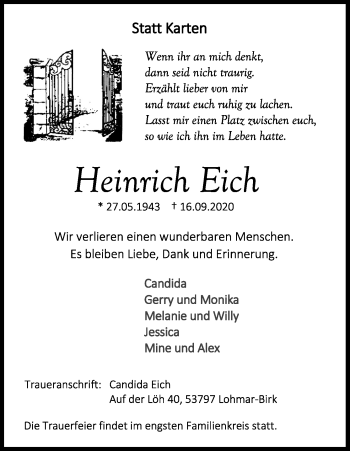Anzeige von Heinrich Eich von Kölner Stadt-Anzeiger / Kölnische Rundschau / Express
