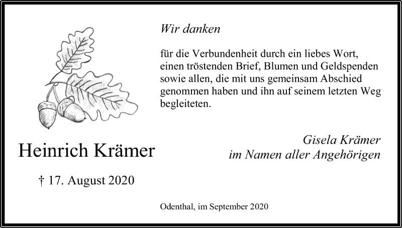  Traueranzeige für Heinrich Krämer vom 26.09.2020 aus Kölner Stadt-Anzeiger / Kölnische Rundschau / Express