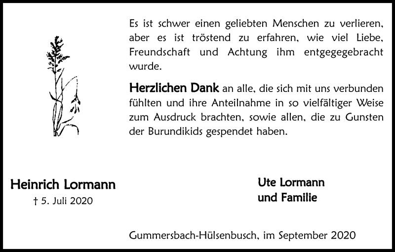  Traueranzeige für Heinrich Lormann vom 12.09.2020 aus Kölner Stadt-Anzeiger / Kölnische Rundschau / Express