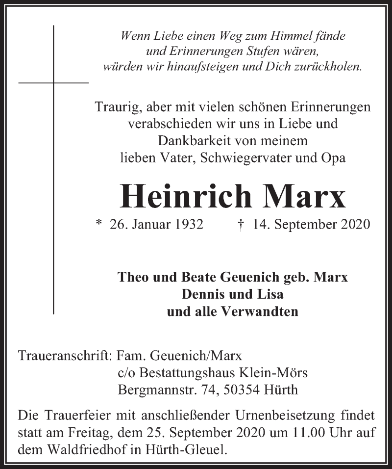  Traueranzeige für Heinrich Marx vom 18.09.2020 aus  Wochenende 
