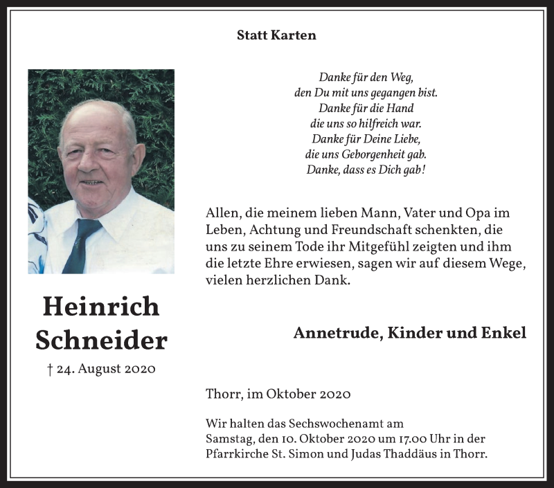  Traueranzeige für Heinrich Schneider vom 01.10.2020 aus  Werbepost 