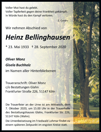 Anzeige von Heinz Bellinghausen von  Kölner Wochenspiegel 