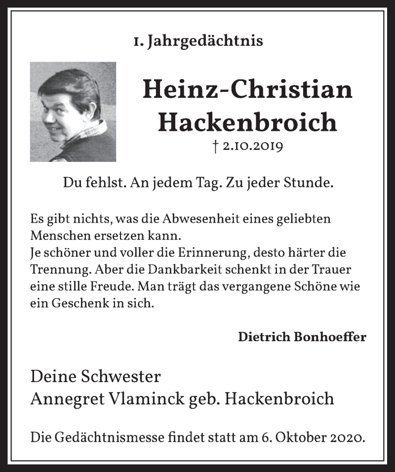  Traueranzeige für Heinz-Christian Hackenbroich vom 01.10.2020 aus  Werbepost 
