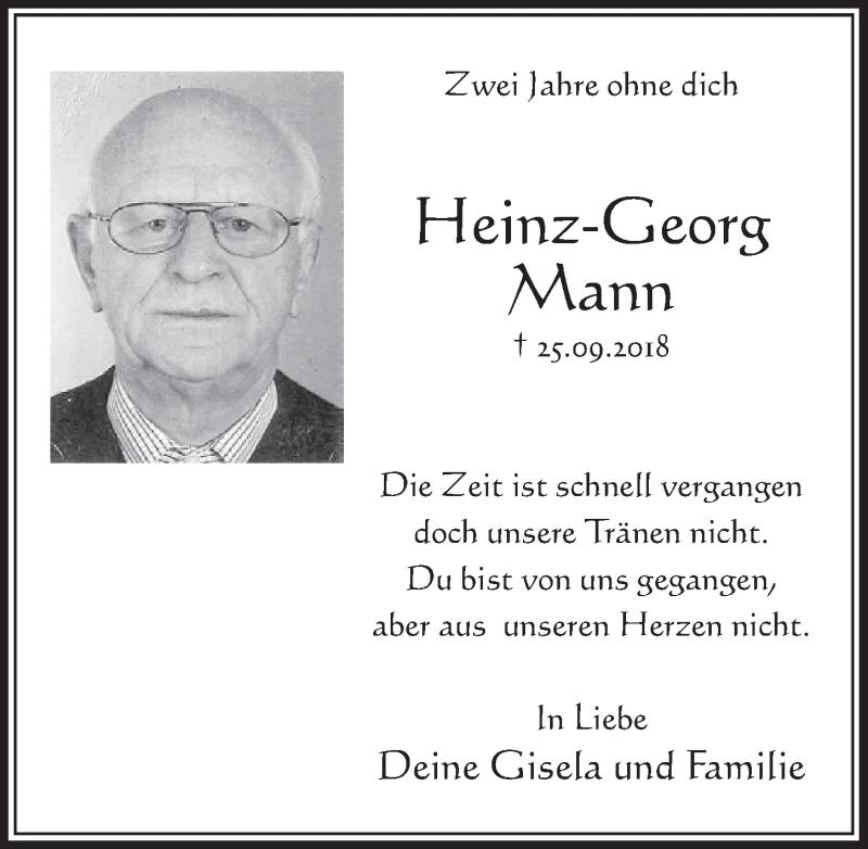  Traueranzeige für Heinz-Georg Mann vom 25.09.2020 aus  Schlossbote/Werbekurier 