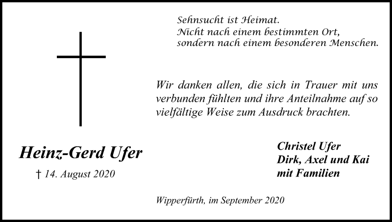  Traueranzeige für Heinz-Gerd Ufer vom 19.09.2020 aus Kölner Stadt-Anzeiger / Kölnische Rundschau / Express