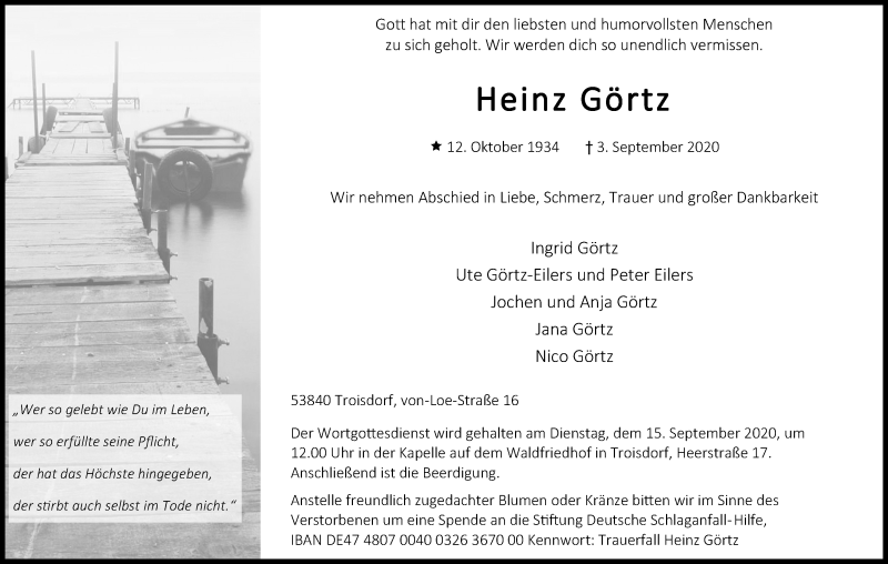  Traueranzeige für Heinz Görtz vom 12.09.2020 aus Kölner Stadt-Anzeiger / Kölnische Rundschau / Express