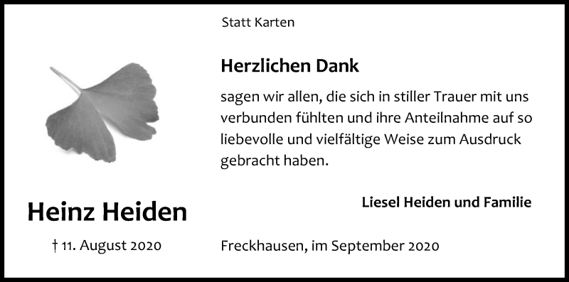  Traueranzeige für Heinz Heiden vom 26.09.2020 aus Kölner Stadt-Anzeiger / Kölnische Rundschau / Express