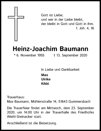 Anzeige von Heinz-Joachim Baumann von Kölner Stadt-Anzeiger / Kölnische Rundschau / Express