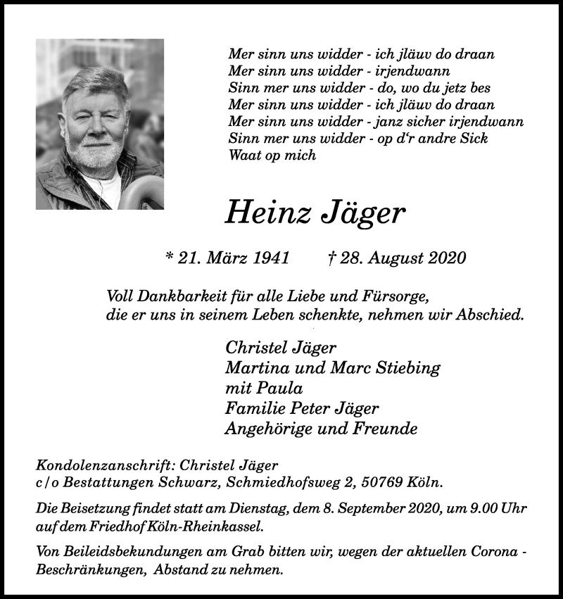  Traueranzeige für Heinz Jäger vom 05.09.2020 aus Kölner Stadt-Anzeiger / Kölnische Rundschau / Express