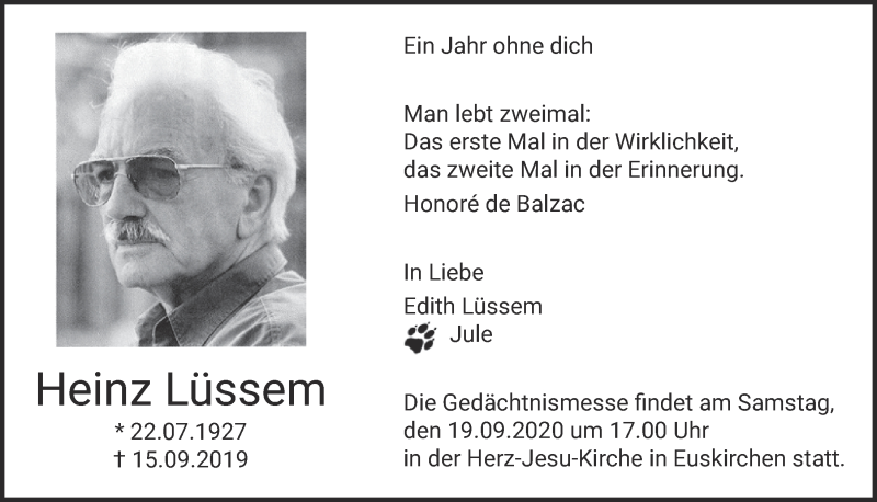  Traueranzeige für Heinz Lüssem vom 12.09.2020 aus  Blickpunkt Euskirchen 