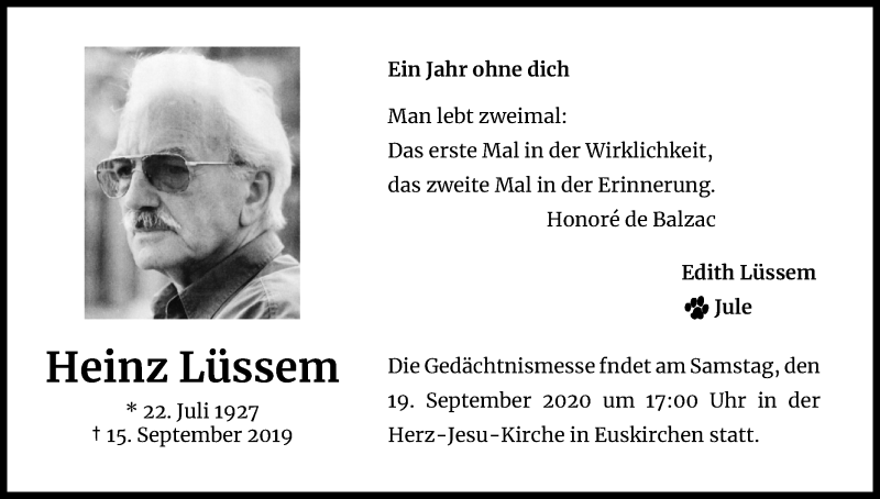  Traueranzeige für Heinz Lüssem vom 12.09.2020 aus Kölner Stadt-Anzeiger / Kölnische Rundschau / Express