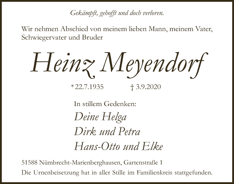  Traueranzeige für Heinz Meyendorf vom 11.09.2020 aus  Lokalanzeiger 