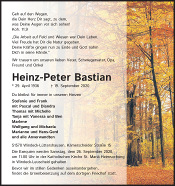Anzeige von Heinz-Peter Bastian von Kölner Stadt-Anzeiger / Kölnische Rundschau / Express