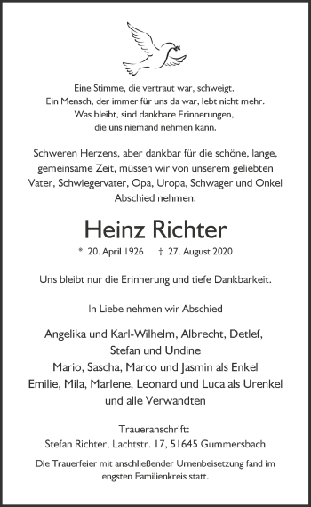 Anzeige von Heinz Richter von  Anzeigen Echo 