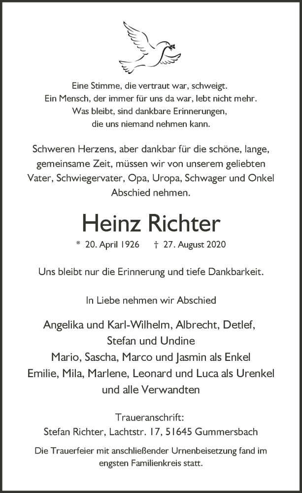  Traueranzeige für Heinz Richter vom 18.09.2020 aus  Anzeigen Echo 