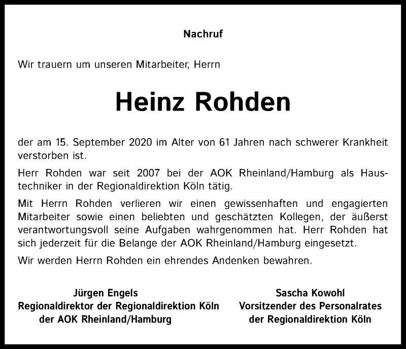  Traueranzeige für Heinz Rohden vom 22.09.2020 aus Kölner Stadt-Anzeiger / Kölnische Rundschau / Express