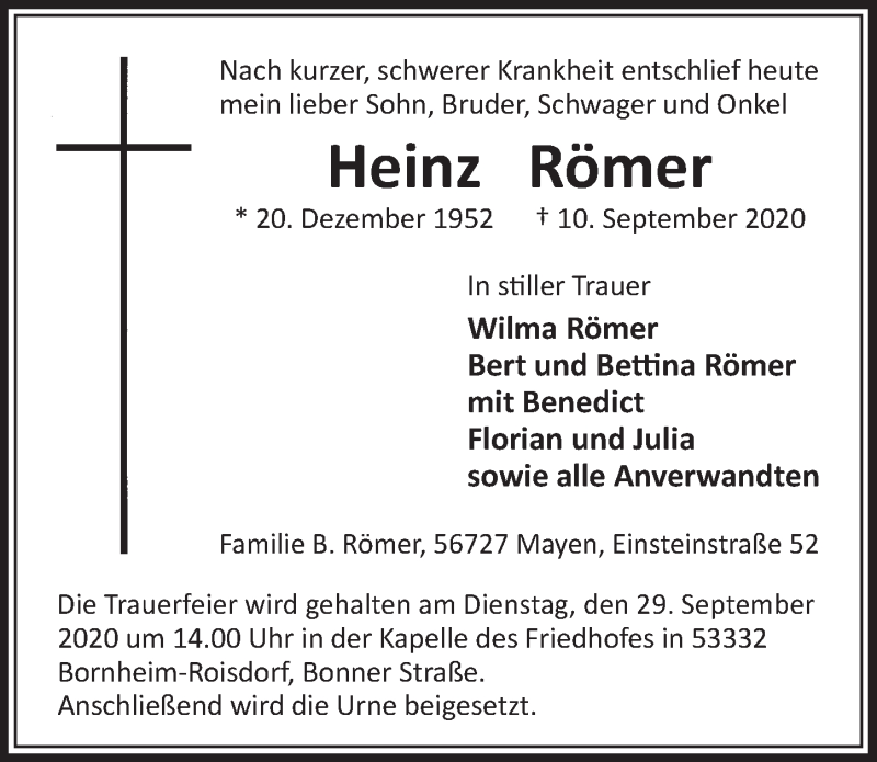  Traueranzeige für Heinz Römer vom 25.09.2020 aus  Schaufenster/Blickpunkt 