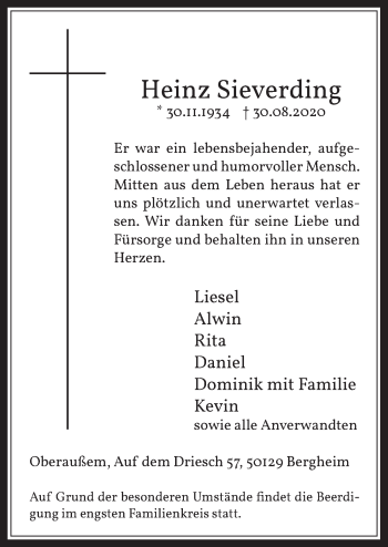 Anzeige von Heinz Sieverding von  Werbepost 