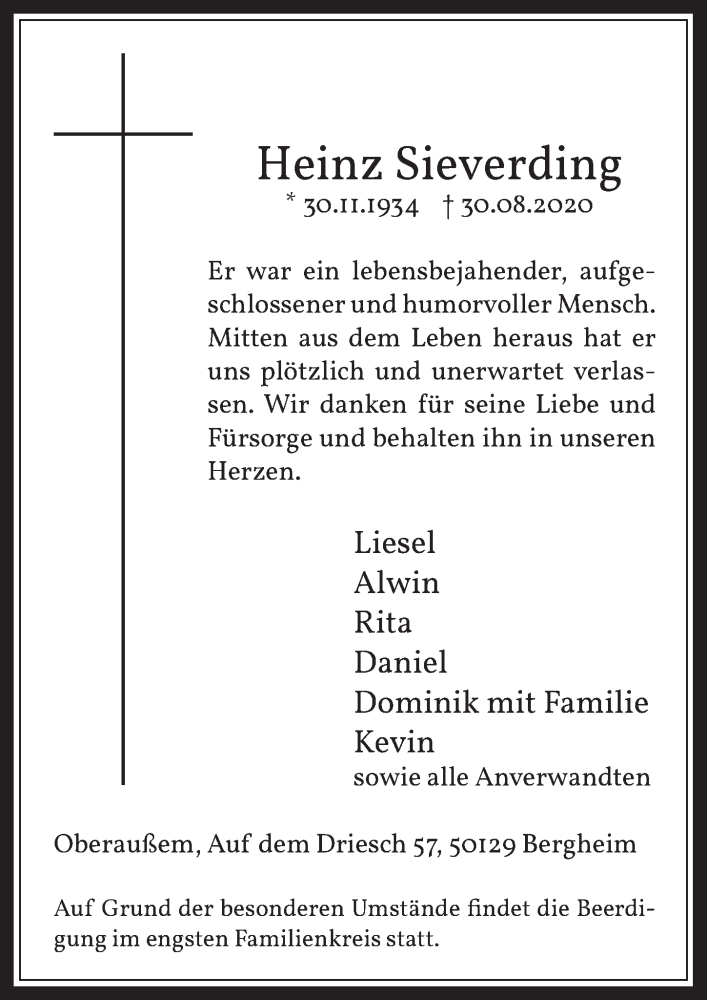  Traueranzeige für Heinz Sieverding vom 11.09.2020 aus  Werbepost 