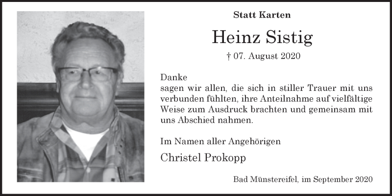  Traueranzeige für Heinz Sistig vom 05.09.2020 aus  Blickpunkt Euskirchen 
