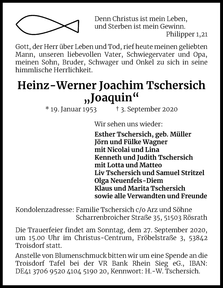  Traueranzeige für Heinz-Werner Joachim Tschersich vom 19.09.2020 aus Kölner Stadt-Anzeiger / Kölnische Rundschau / Express