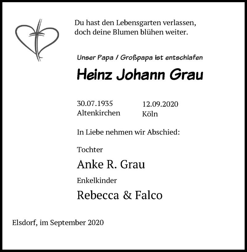  Traueranzeige für Heinz Johann Grau vom 17.09.2020 aus Kölner Stadt-Anzeiger / Kölnische Rundschau / Express